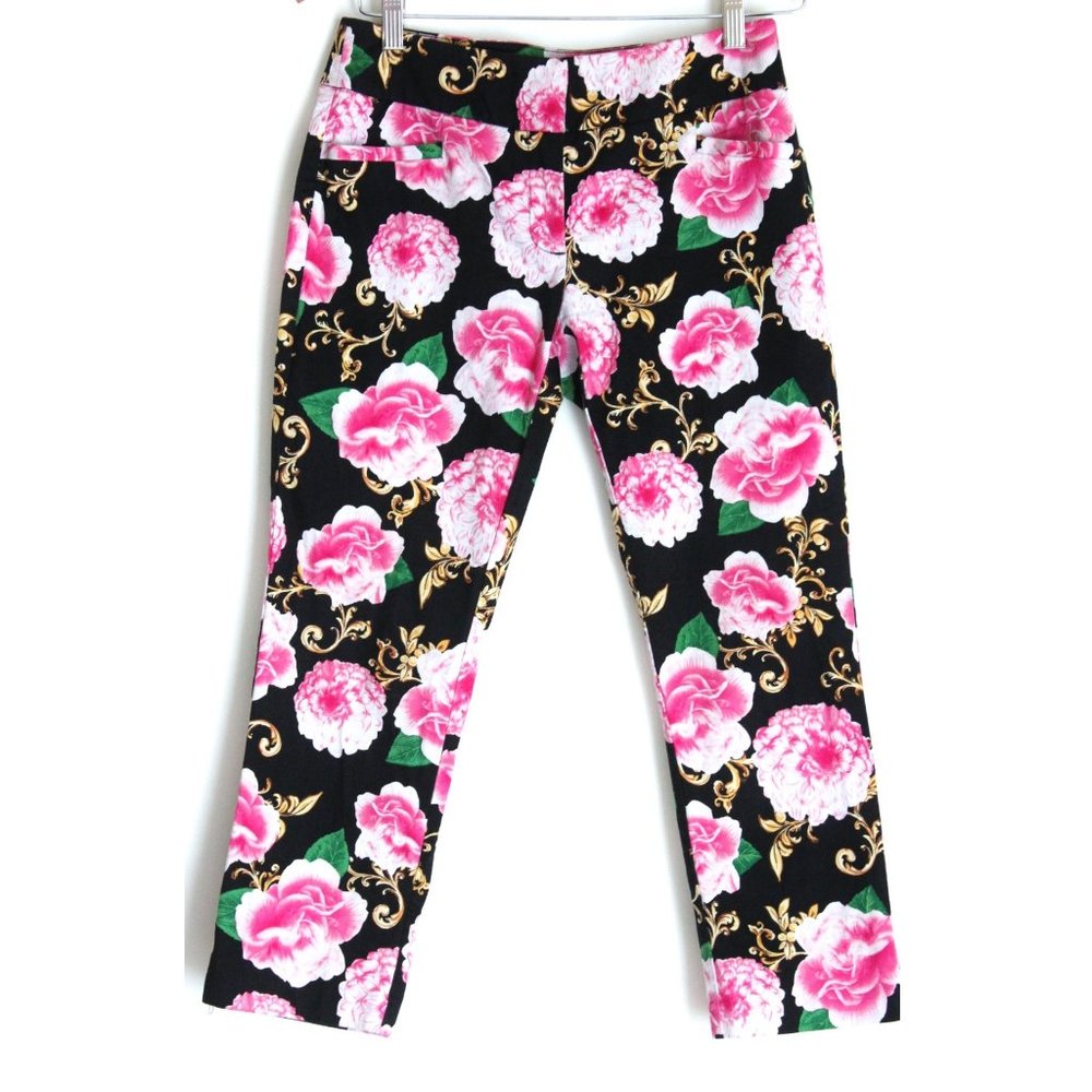 Capri's NY & Co Stretch Girlcore Pink Black Cabbage Floral Roses Career Casual